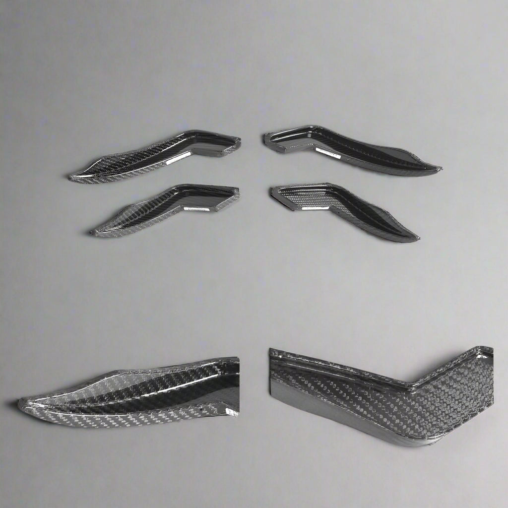 Carbon fiber car parts on a white background with 'Product Details' text.